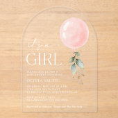 ピンクバルーン、ユーカリ、緑、赤ちゃんシャワー アクリル招待状 (正面)