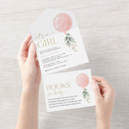 ピンクバルーン、ユーカリ、緑、赤ちゃんシャワー オールインワン招待状