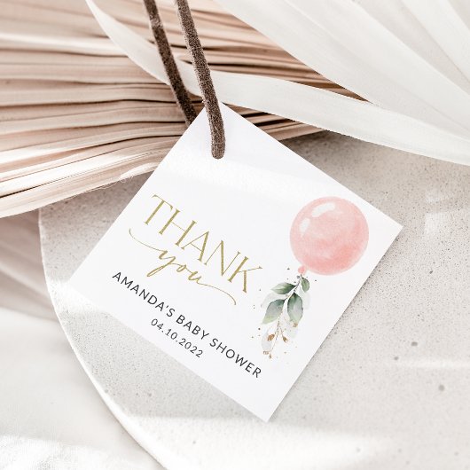 ピンクバルーン、ユーカリ、緑、赤ちゃんシャワー フェイバータグ