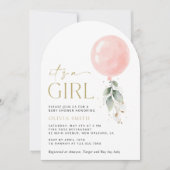 ピンクバルーン、ユーカリ、緑、赤ちゃんシャワー 招待状 (正面)