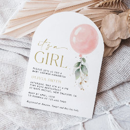 ピンクバルーン、ユーカリ、緑、赤ちゃんシャワー 招待状
