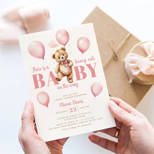 ピンクバルーンTEDDY BEAR GIRL モダン Baby Shower 招待状