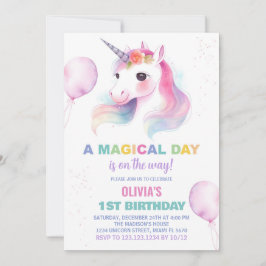 ピンクバルーンUnicorn誕生日招待状 招待状