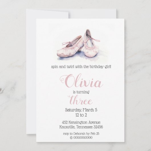 ピンクバレエエレガントシューズバレリーナ誕生日 招待状 (正面)
