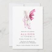 ピンクバレエシューズ水彩誕生日パーティー 招待状 (正面)