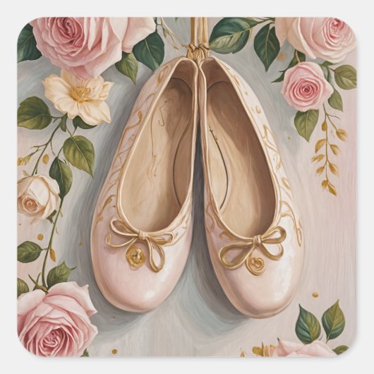 ピンクバレエシューズ&バラ誕生日 スクエアシール (正面)