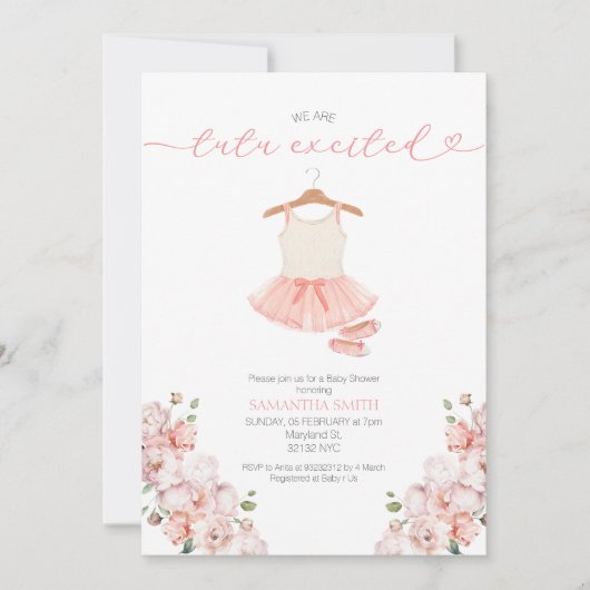 ピンクバレエツツ興奮ベビーシャワー招待 招待状 (正面)