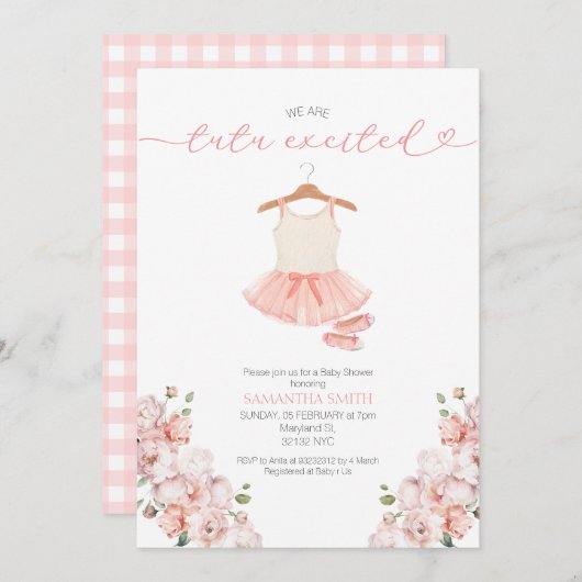 ピンクバレエツツ興奮ベビーシャワー招待 招待状 (正面/裏面)