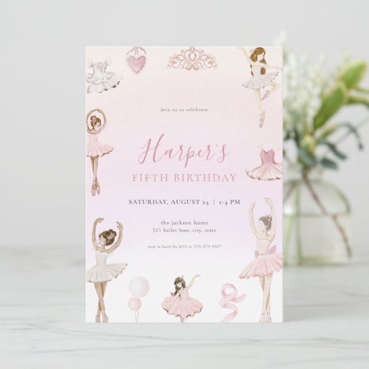 ピンクバレエバレリーナバースデーパーティーへの招待 招待状 (スタンド正面)