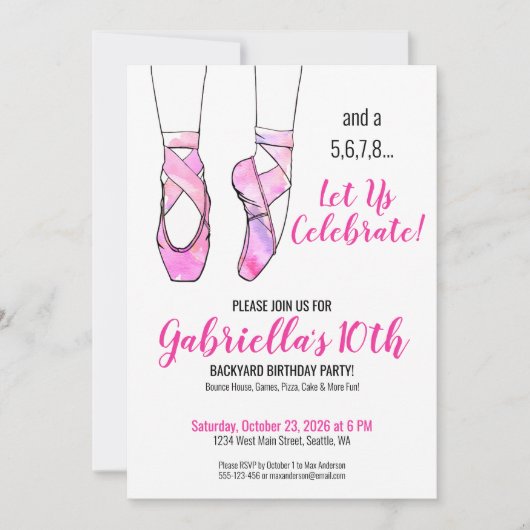 ピンクバレエ少女の誕生日パーティー 招待状 (正面)