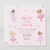 ピンクバレリナガールズバースデーパーティー招待状 招待状 (正面)