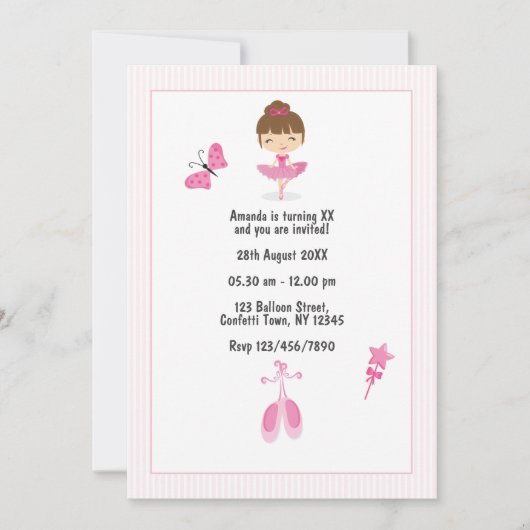 ピンクバレリナダンス子供の誕生日パーティー写真 招待状 (正面)