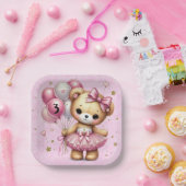 ピンクバレリナベアグリッターバルーンバースデーパーティー ペーパープレート (パーティー)