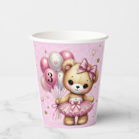 ピンクバレリナベアグリッターバルーンバースデーパーティー 紙コップ (正面)