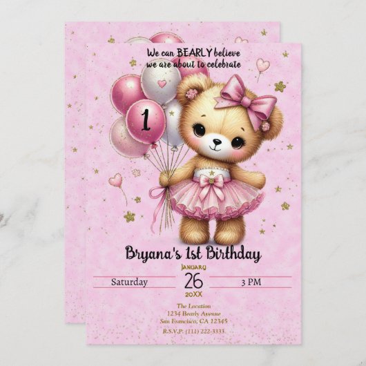 ピンクバレリナベアグリッターバルーン1st誕生日 招待状 (正面/裏面)