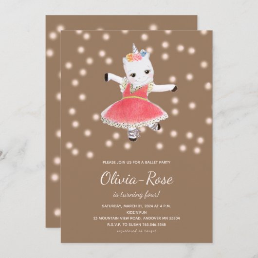 ピンクバレリナユニコーンガール誕生日招待状 招待状 (正面/裏面)