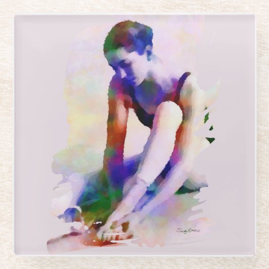 ピンクバレリーナウォーターカラーコンテンポラリーアート ガラスコースター (正面)