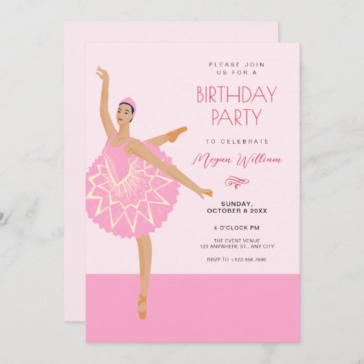 ピンクバレリーナダンスバレエの誕生日 招待状 (正面/裏面)