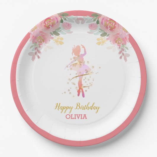 ピンクバレリーナバースデーパーティーシャワーカスタム ペーパープレート (正面)