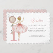 ピンクバレリーナファースト・バースデーパーティーの招待 招待状 (正面/裏面)