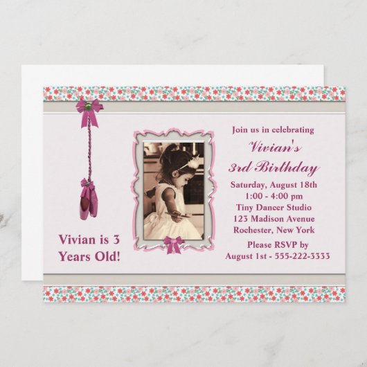 ピンクバレリーナ写真誕生日パーティー 招待状 (正面/裏面)
