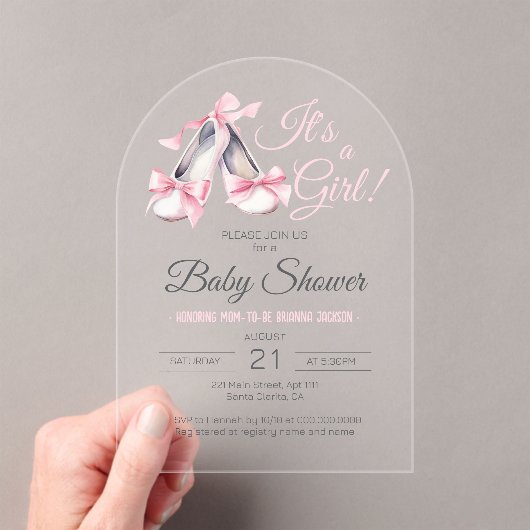 ピンクバレリーナ女の子の赤ちゃんシャワーアーチ澄ん アクリル招待状 (インサイチュ (ポータブル))