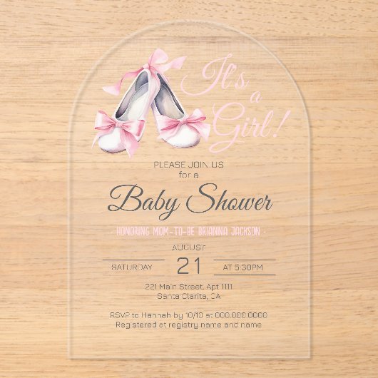 ピンクバレリーナ女の子の赤ちゃんシャワーアーチ澄ん アクリル招待状 (正面)