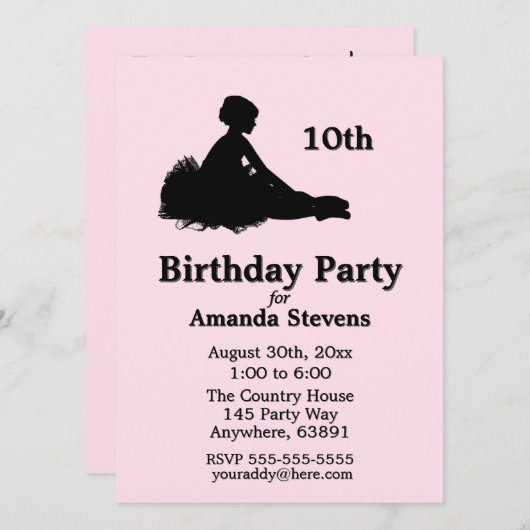 ピンクバレリーナ誕生日招待状 招待状 (正面/裏面)