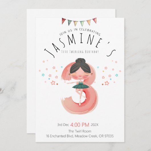 ピンクバレリーナ3rdバースデーガール 招待状 (正面/裏面)