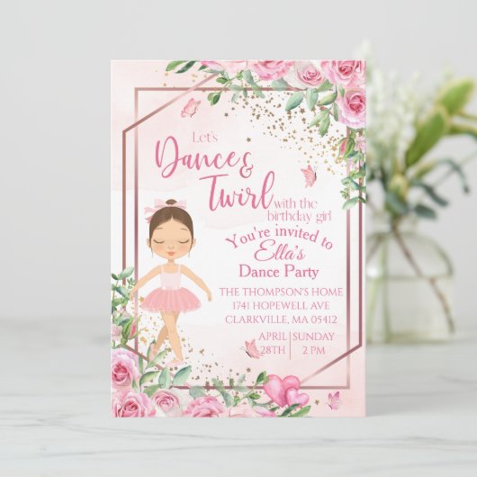 ピンクバレリーナ、ダンス、バレエの誕生日の招待状 招待状 (スタンド正面)