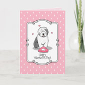 ピンクバレンタインオールドイングリッシュシープドッググレー1おもしろい カード (正面)
