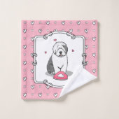 ピンクバレンタインオールドイングリッシュシープドッググレー1おもしろい バスタオルセット (ウォッシュタオル)