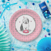 ピンクバレンタインオールドイングリッシュシープドッググレー1おもしろい ペーパープレート (パーティー)