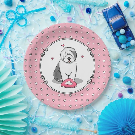 ピンクバレンタインオールドイングリッシュシープドッググレー1おもしろい ペーパープレート (パーティー)