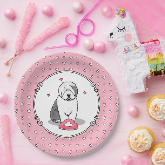 ピンクバレンタインオールドイングリッシュシープドッググレー1おもしろい ペーパープレート (パーティー)