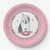 ピンクバレンタインオールドイングリッシュシープドッググレー1おもしろい ペーパープレート (正面)