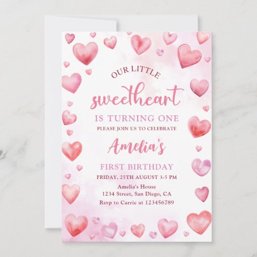 ピンクバレンタインスイートハート1st誕生日招待状 招待状 (正面)
