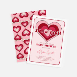 ピンクバレンタインデーハートガールベビーシャワー 招待状