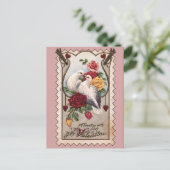 ピンクバレンタインデービクトリアンカードの鳩とバラ シーズンポストカード (スタンド正面)