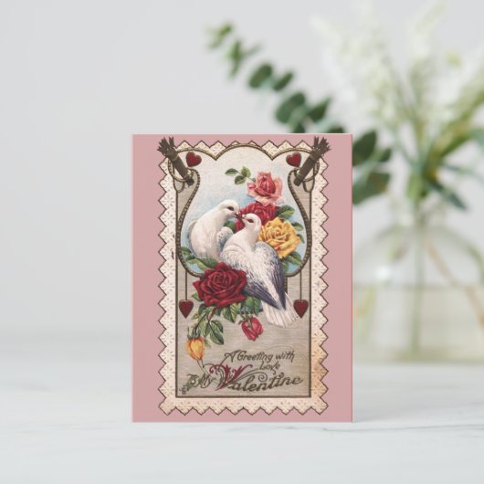 ピンクバレンタインデービクトリアンカードの鳩とバラ シーズンポストカード (スタンド正面)