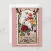 ピンクバレンタインデービクトリアンカードの鳩とバラ シーズンポストカード (正面/裏面)