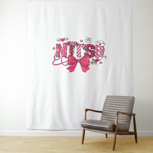 ピンクバレンタインナース、バレンタインコケットボウオーバー タペストリー (インサイチュ)