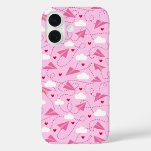ピンクバレンタ飛んでいるン紙飛行機赤いハートかわいい iPhone 16ケース
