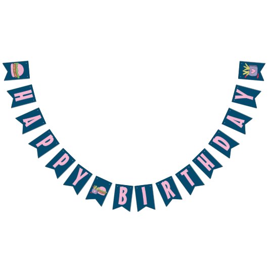 ピンクバーお洒落ガーアンドフライハッピーバースデー バンティングフラッグ (全)