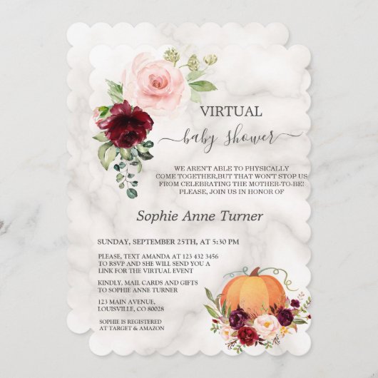 ピンクバーガンディフローラカボチャ仮想ベビーシャワー 招待状 (正面/裏面)