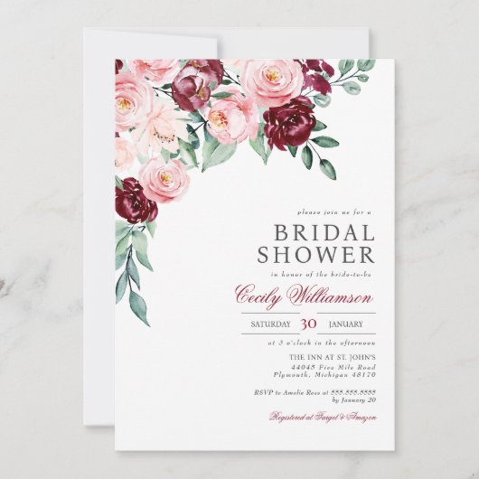 ピンクバーガンディフローラグリーンブライダルシャワー 招待状 (正面)