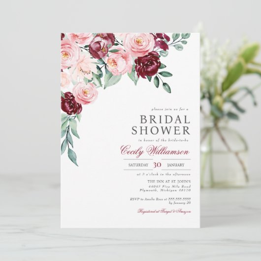 ピンクバーガンディフローラグリーンブライダルシャワー 招待状 (スタンド正面)