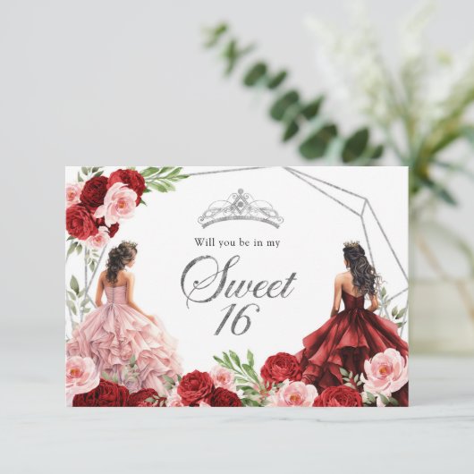 ピンクバーガンディレッドツインズスウィート16招待状 サンキューカード (スタンド正面)