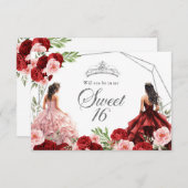 ピンクバーガンディレッドツインズスウィート16招待状 サンキューカード (正面/裏面)