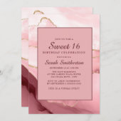 ピンクバーガンディ金ゴールドマーブルアゲートスウィート16 招待状 (正面/裏面)